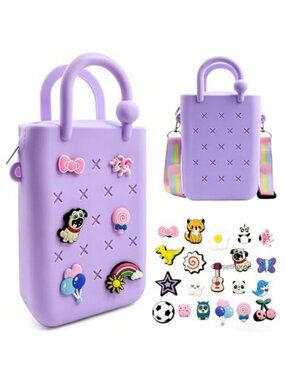 Mini Silicone Beach Tote Bag with Zipper & Adjustable Strap, DIY Charms